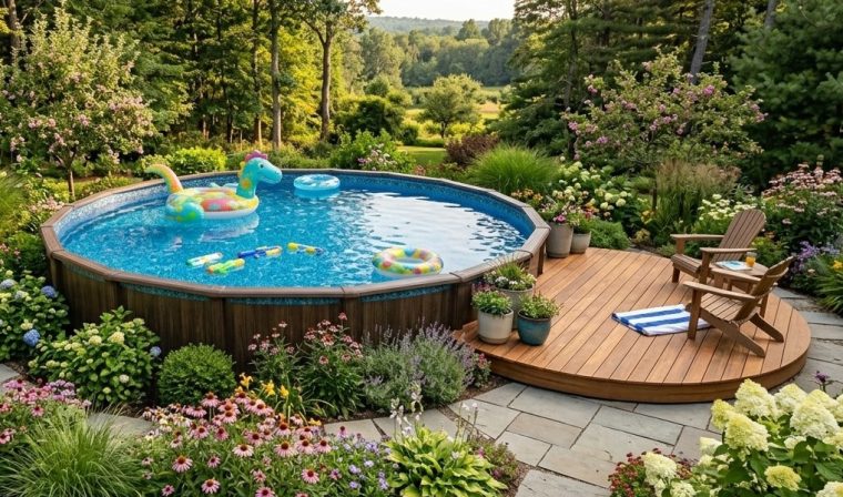 Round swimming pool with decorative vinyl border installed by Rhino Pool Borders.