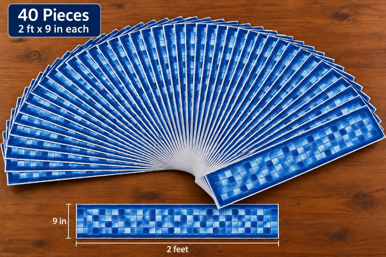 Forty separate decal strips, each two feet by nine inches, fanned out across a table